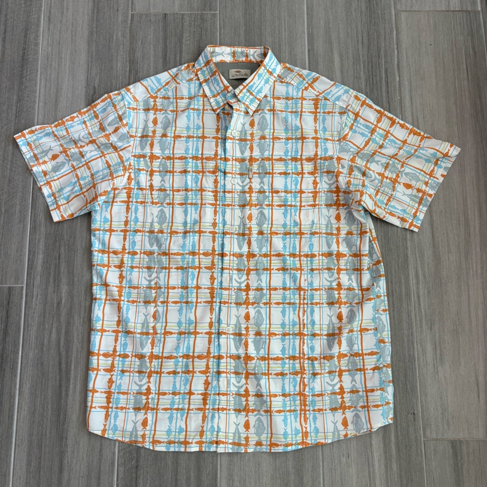Bob Timberlake Fishing Shirt Men’s L White Orange Blue Striped Fish Vented Back
